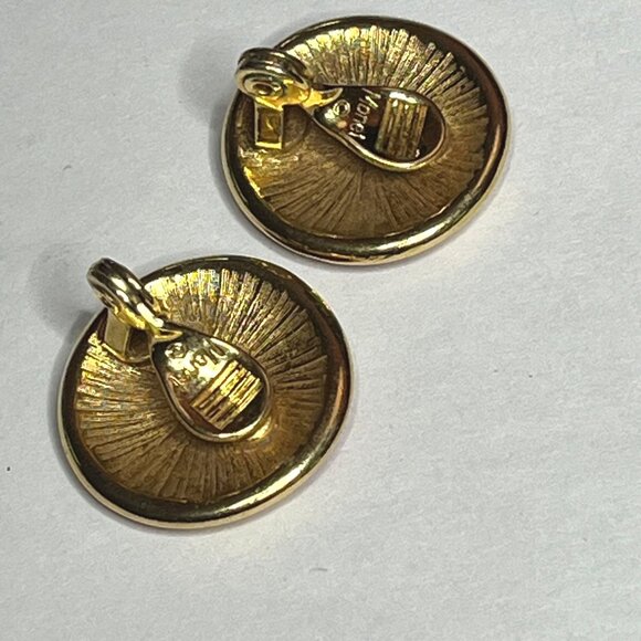 Vintage Monet Red Enamel & Gold Round Clip-On Earrings - Picture 5 of 7